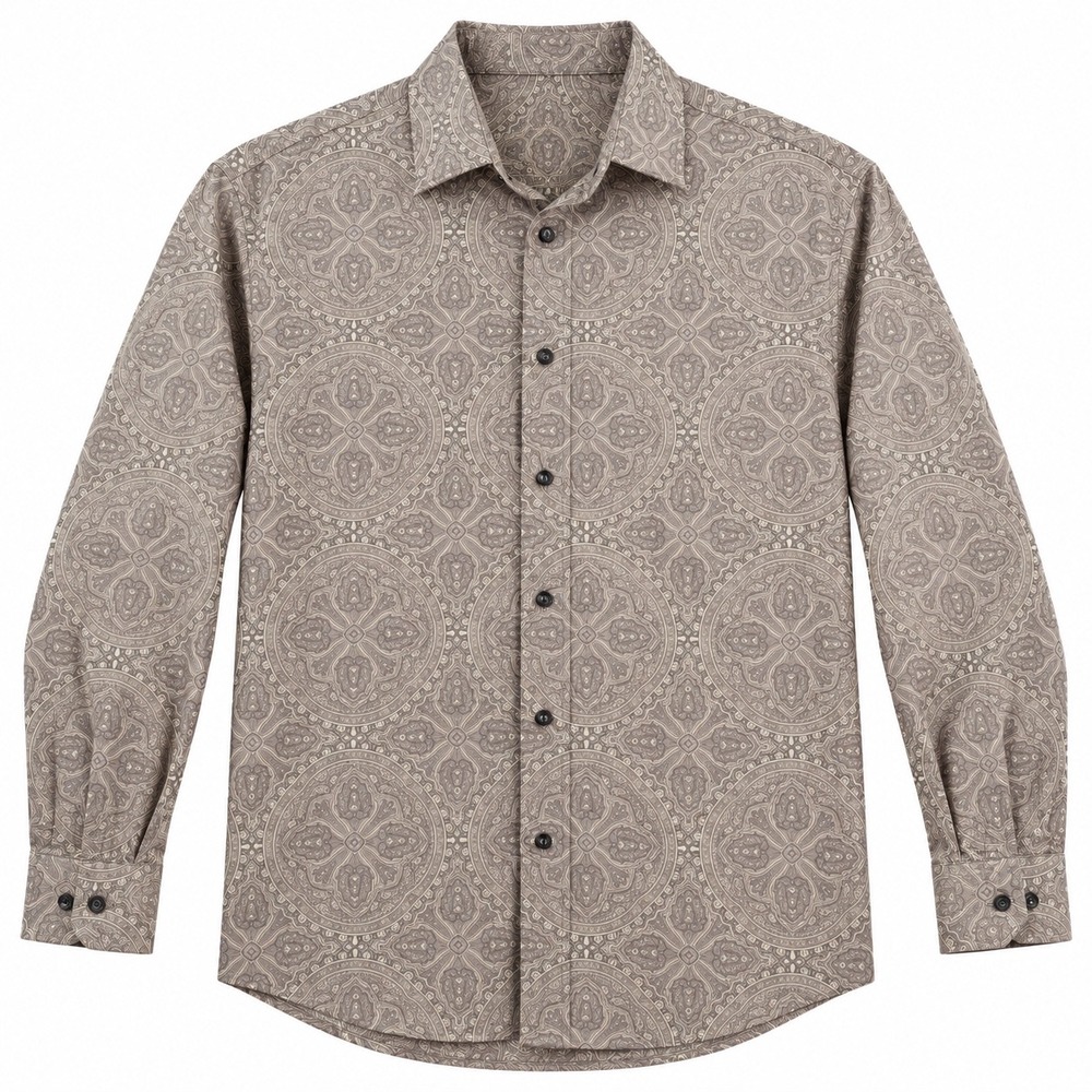 Tasso Elba Button Front Medallion Paisley 100% Cotton XL Taupe Brown Boho Shirt